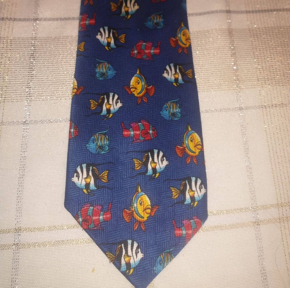 Andaloro Men's Necktie Tie Fish Blue Yellow Black 100% Polyester 58" x 3.5"